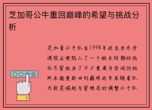 芝加哥公牛重回巅峰的希望与挑战分析