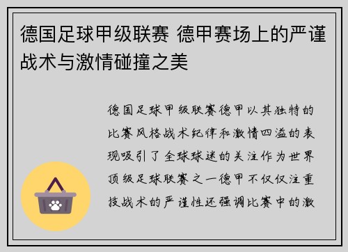 德国足球甲级联赛 德甲赛场上的严谨战术与激情碰撞之美