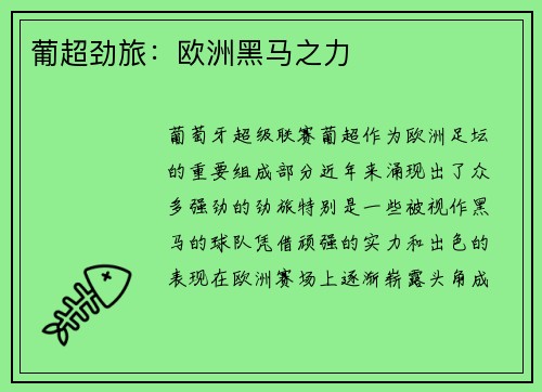 葡超劲旅：欧洲黑马之力