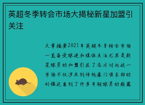 英超冬季转会市场大揭秘新星加盟引关注
